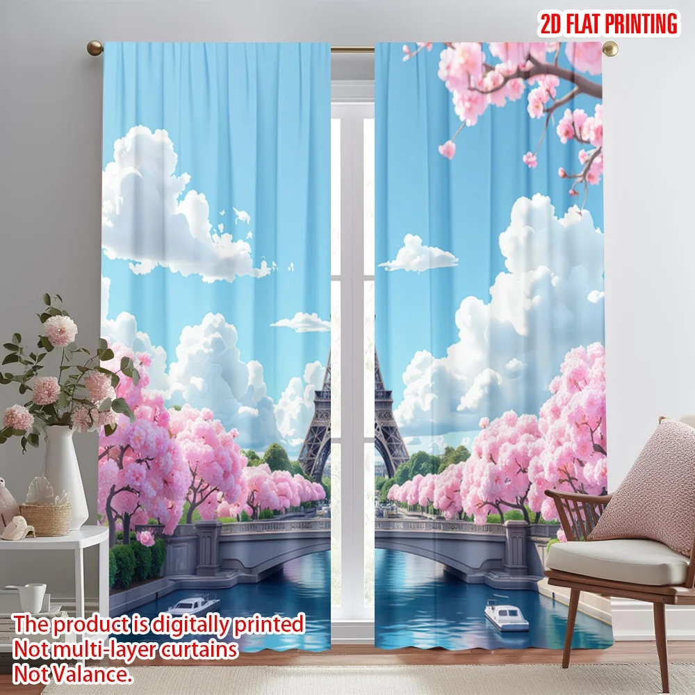 

2D flat printing 2pcs Party Curtain Spring Eiffel Tower View Digital Printed Polyester Drapes Party Decorations for Bedroom