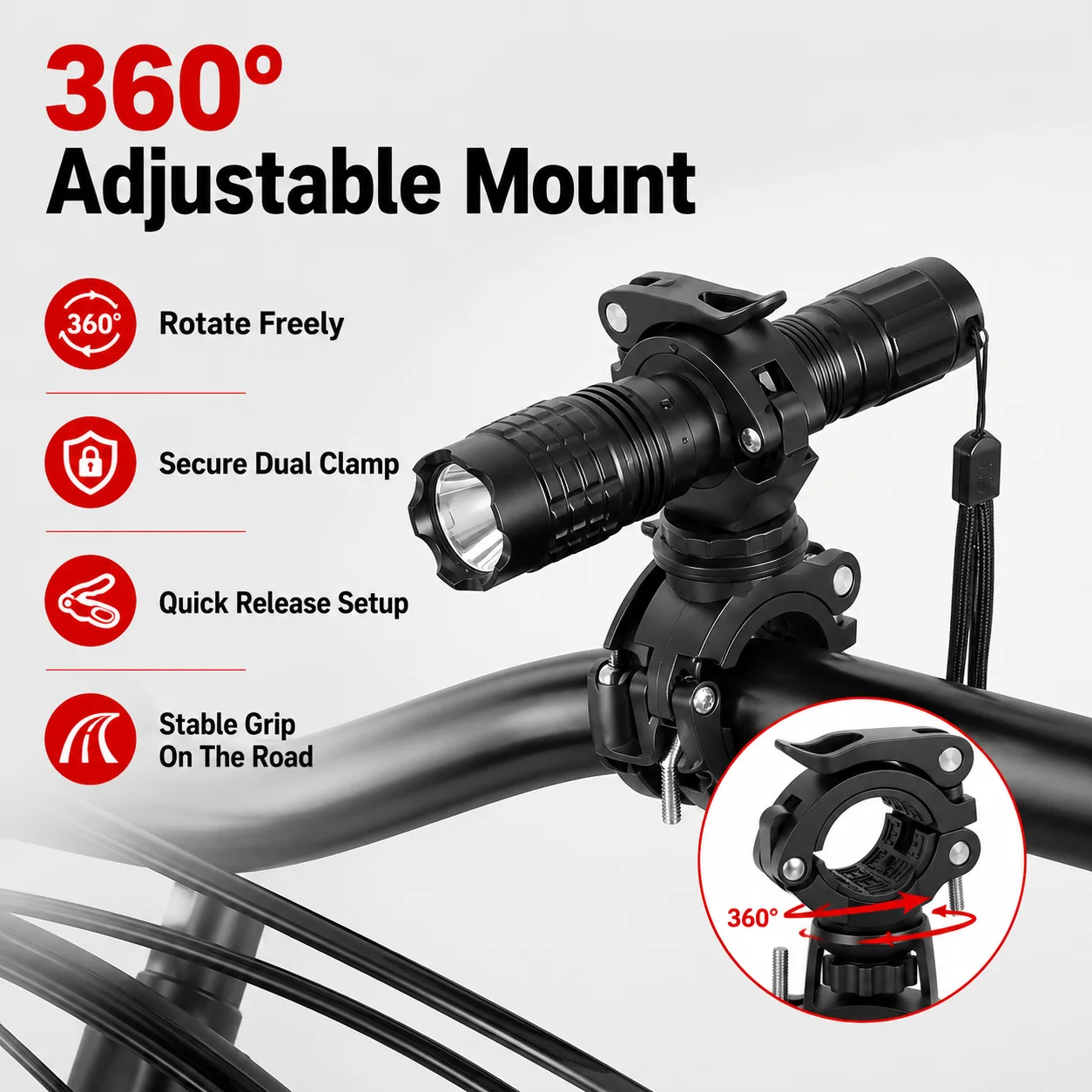 PINMOAP 1PC Bicycle Headlight Holder Adjustable Flashlight Clip Mount Anti Slip Handlebar Bracket For Mountain Road Bike Cycling