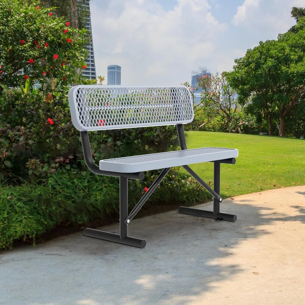 مقاعد حديقة معدنية خارجية شديدة التحمل باللون الرمادي مع مساند للظهر، مقاومة للعوامل الجوية لاستخدام الحديقة، مثالية للمدارس والمتنزهات