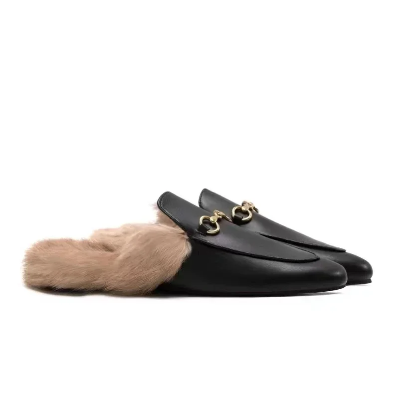 Autumn and Winter New Outwear Baotou Fur Slippers for Women\'s Genuine Leather Rabbit Hair Lazy Man Flat Bottom Half Trailer