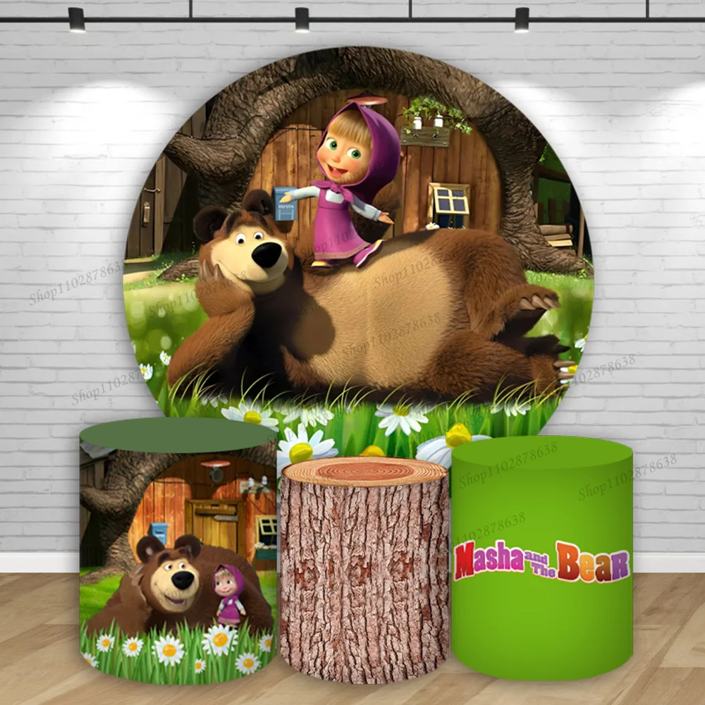 

Backdrop Circular Covers Mashas And Bear Girl Birthday Party Background Marguerites Grass Round Cylinder Elastic Banner Decor