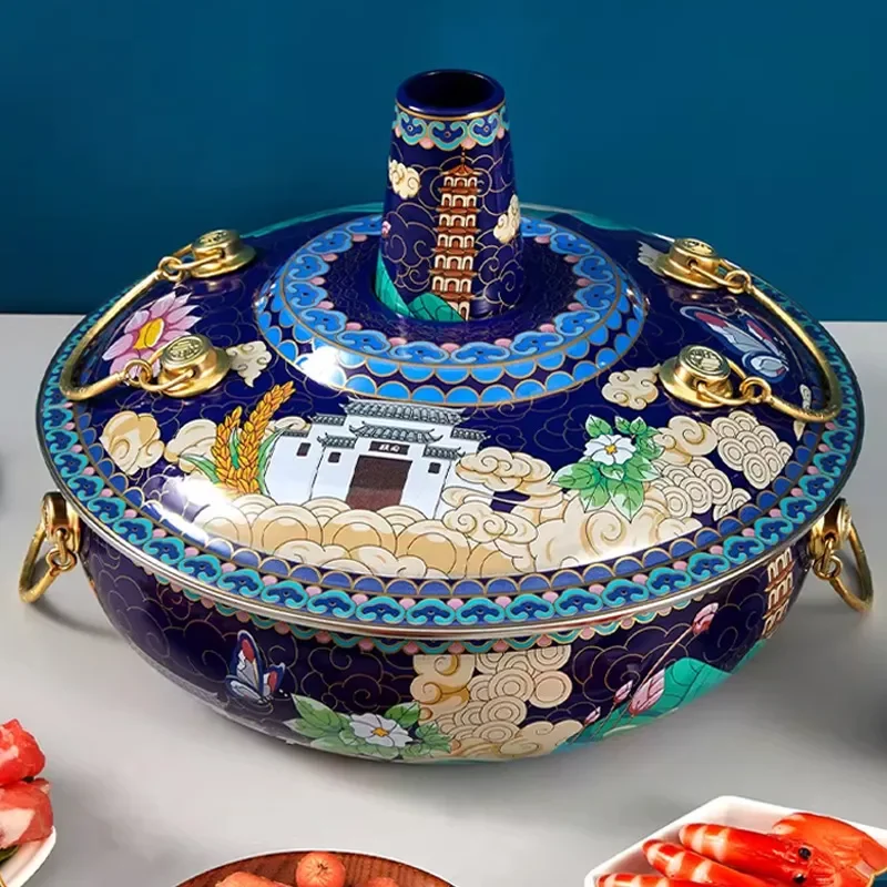 Universal Copper Hot Pot for Induction Cooker and Gas Stove Flat Bottom Enamel Mutton Shabu Mandarin Duck Pot Ice Hot Pot
