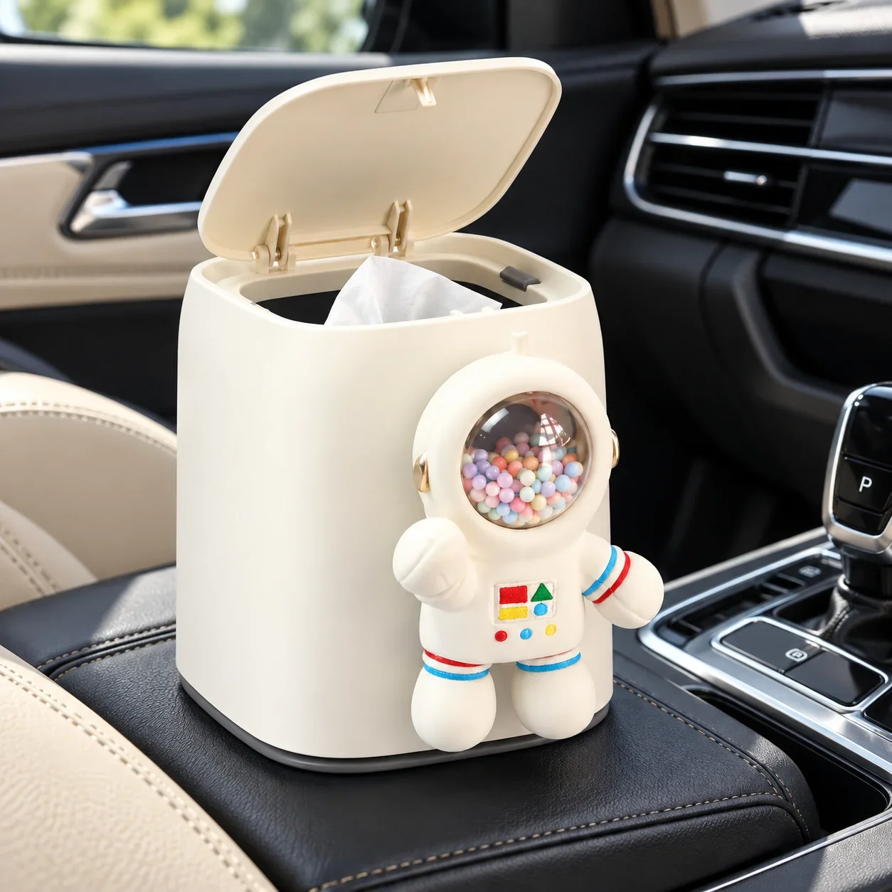 Hanging Car Trash Can with Press Lid Cartoon Astronaut Mini Seat Back Garbage Bin Vehicle Interior Storage Organizer
