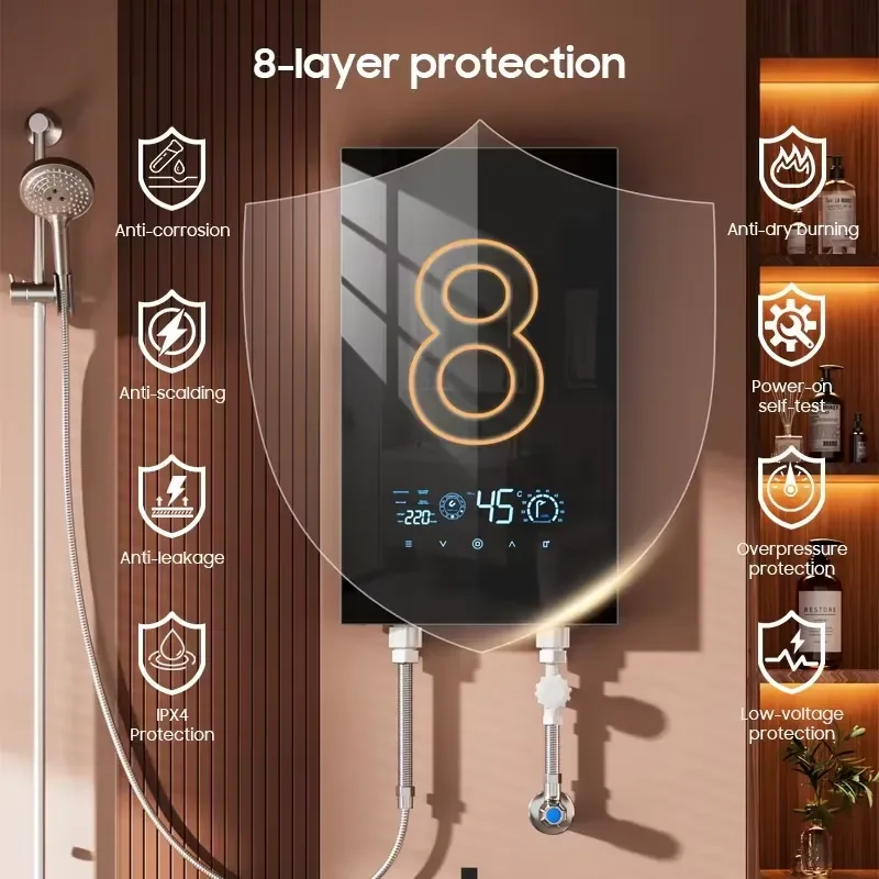 High Quality 8.5kW 12kW Smart Electric Instantaneous Tankless Hot Geyser Shower Water Heater for Bathroom Garage &