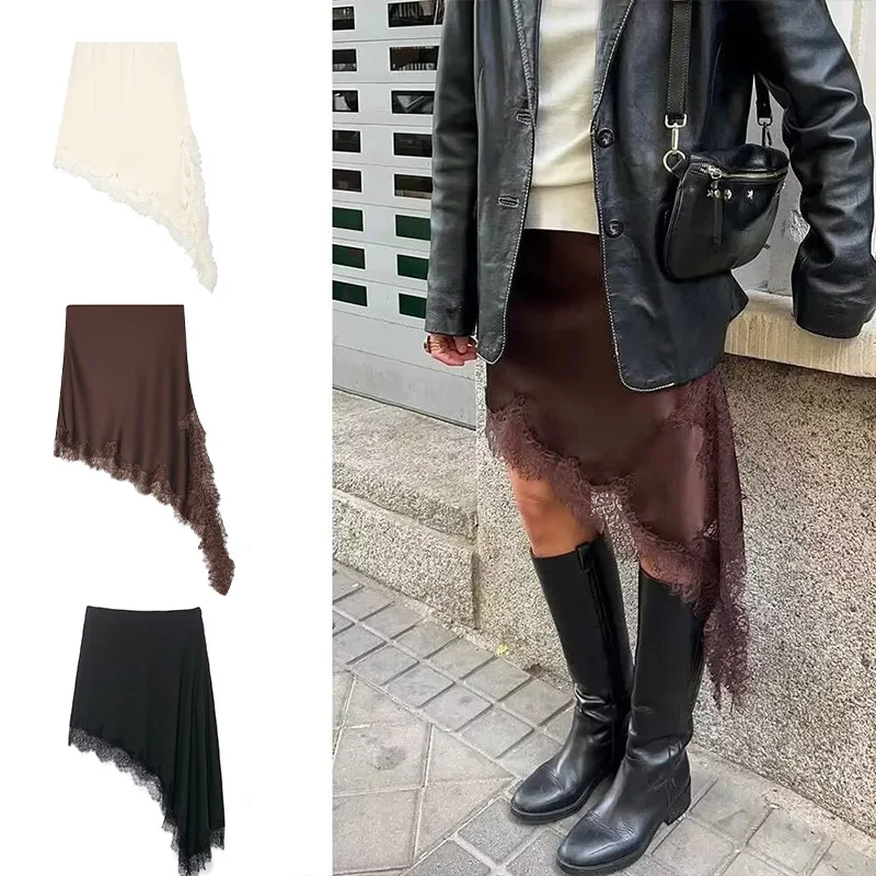 HH Women's Summer Asymmetrical Solid Mini Skirt A-line Side Zipper Brown Elastic Waist Stain Vintage Female Chic Cropped Skirt