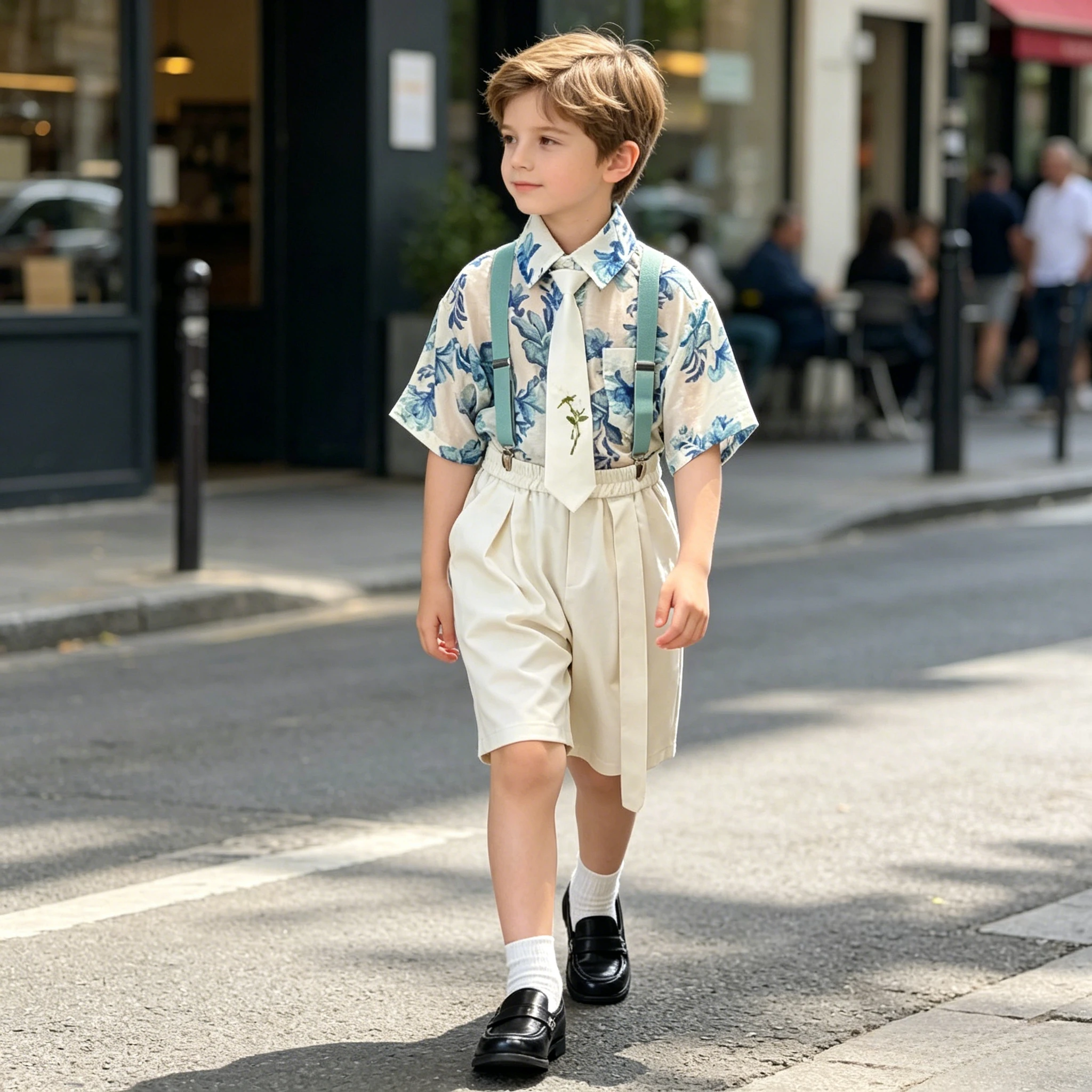 Boys Set Floral Print Shirt Shorts Embroider Tie Summer Gentleman Outfits for Kids Wedding Party Photo Shoot Birthday Daily Wear