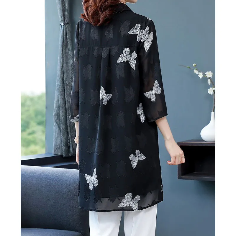 Fashion Women\'s Casual Printed Spliced Chiffon Shirt Summer Korean All-match 3/4 Sleeve Single-breasted Blouse Female Clothing