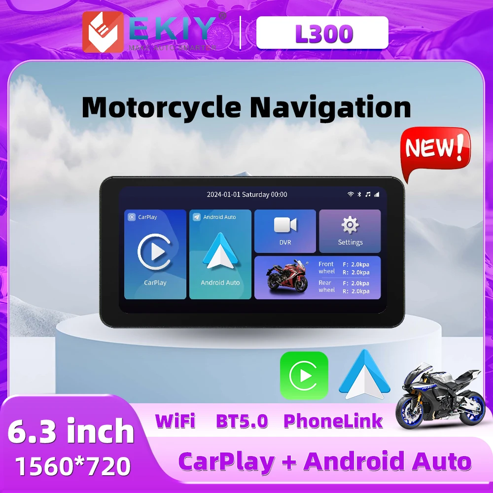 EKIY 6.3 Inch Portable Motorcycles Wireless CarPlay Android Auto Smart Player GPS Navigation TPMS WIFI IPX7