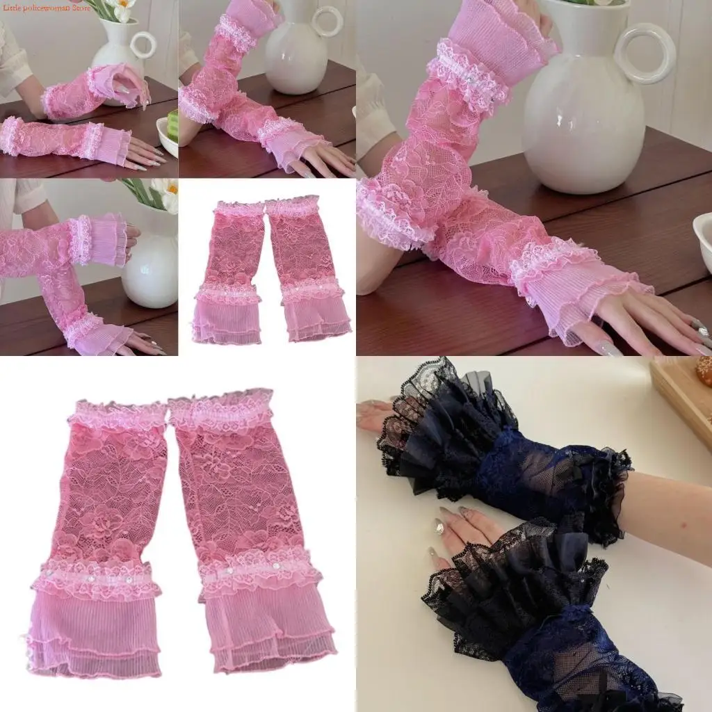F92D Decoración del brazo encaje Guantes manga transpirable Cristal embellecido para vestidos elegantes y ropa casual