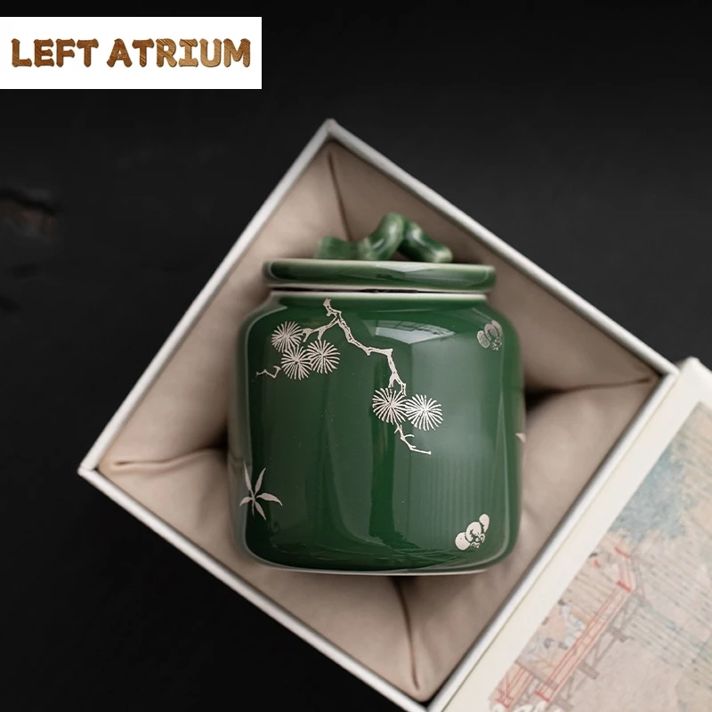

Маленькая сосново-зеленая портативная коробка для чая, органайзер, чайная посуда, бамбуковый контейнер для чая, банка для хранения, керамическая китайская чайная коробка с цветком сливы