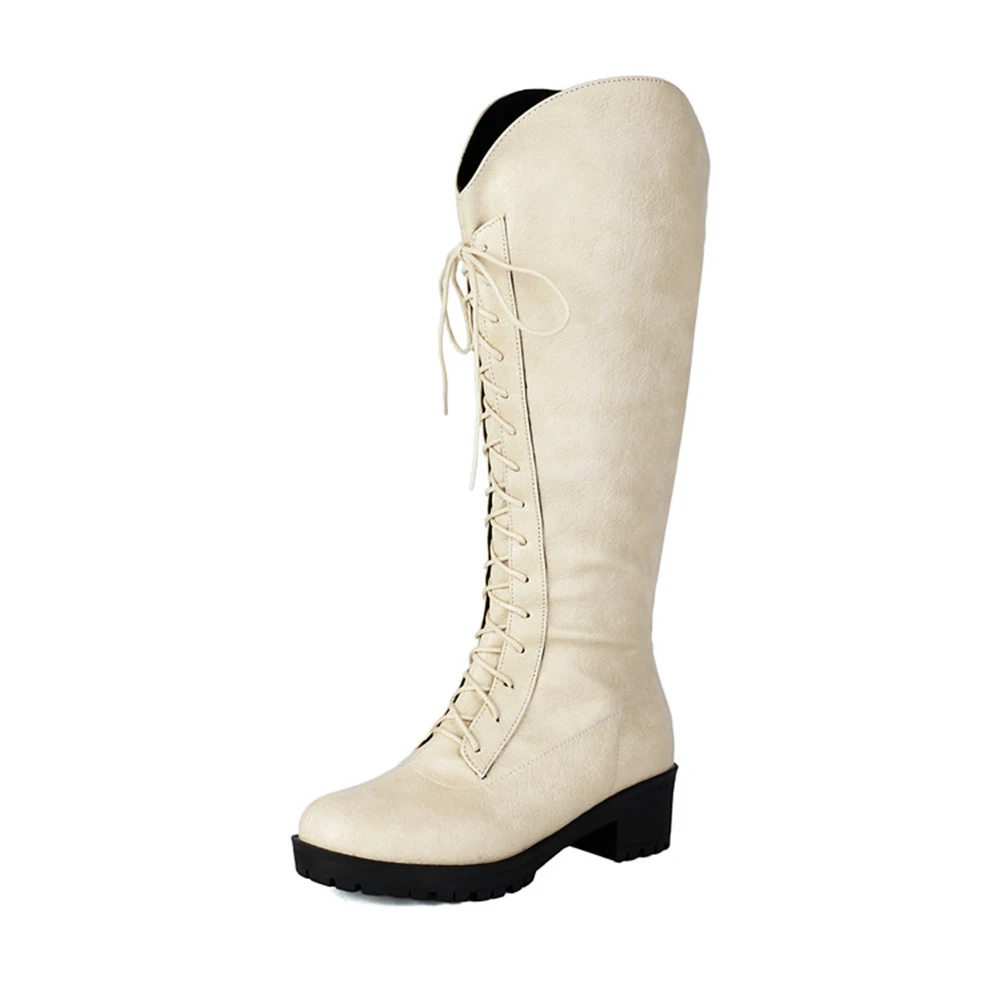Women's Lace Up Knee High Boots Back Zipper Chunky Heel Platform Combat Boots Plus Size 34-46 4 Colors Available 132