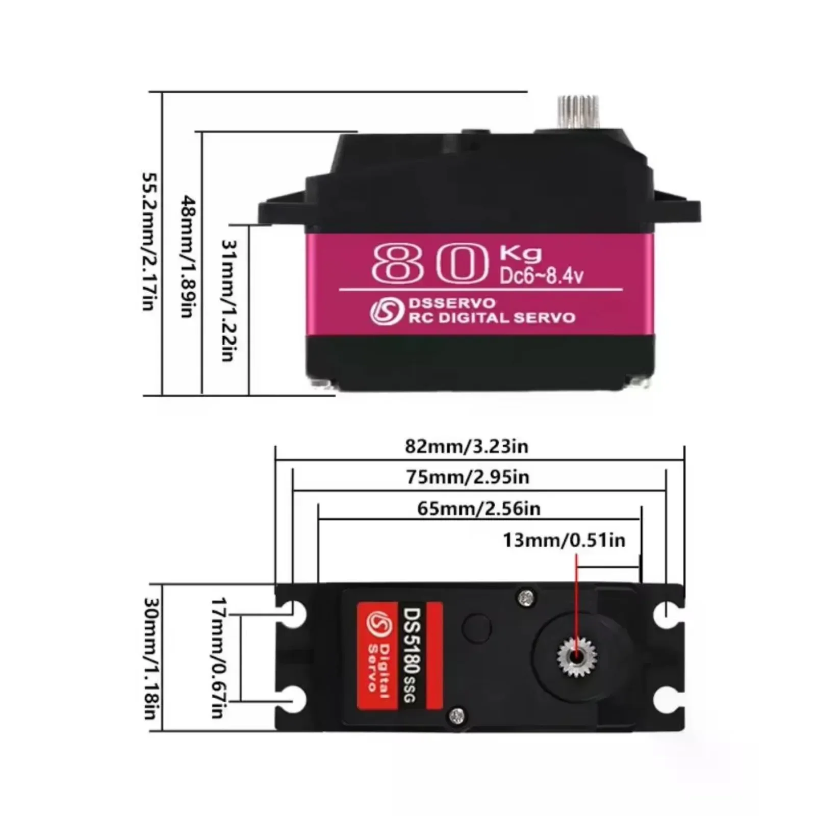 RDS5180 80KG High Torque Digital Servo with Metal Gears, Double-shaft Servo, 7.4V, Suitable for 1/5 1/8 1/10 RC Cars Robots Boat