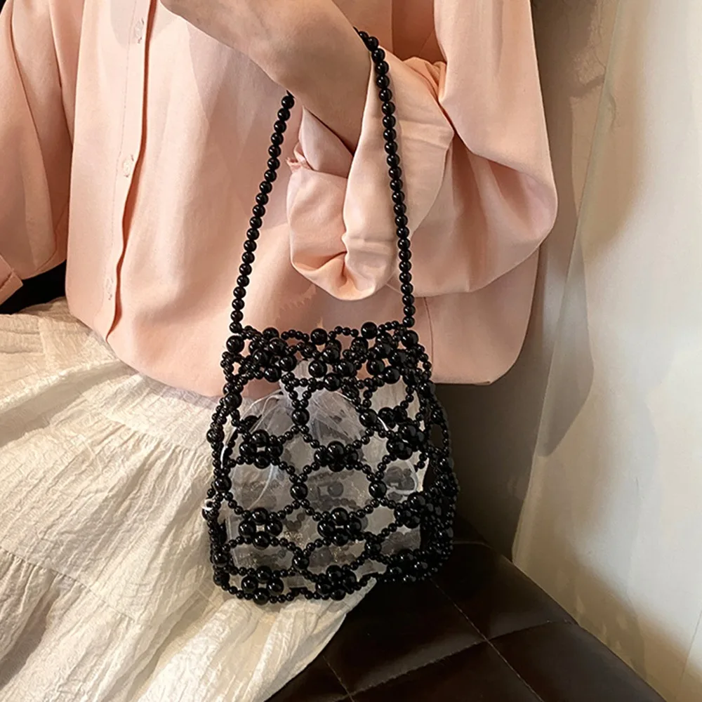Lightweight Luxury Pearl Beaded Bag Hollow Out with Inner Bag Woven Bead underarm Bag Bohemia Handmade Small Phone Pouch Travel