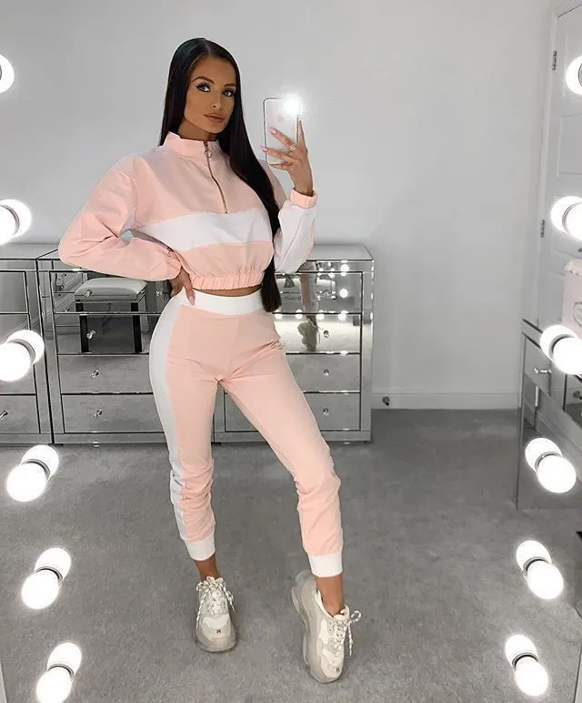 

Autumn Fashion Fitness Contrast Color Zipper Long Sleeves Top&High Waist Pants Simple Two Piece Set for Women Casual Sportswear