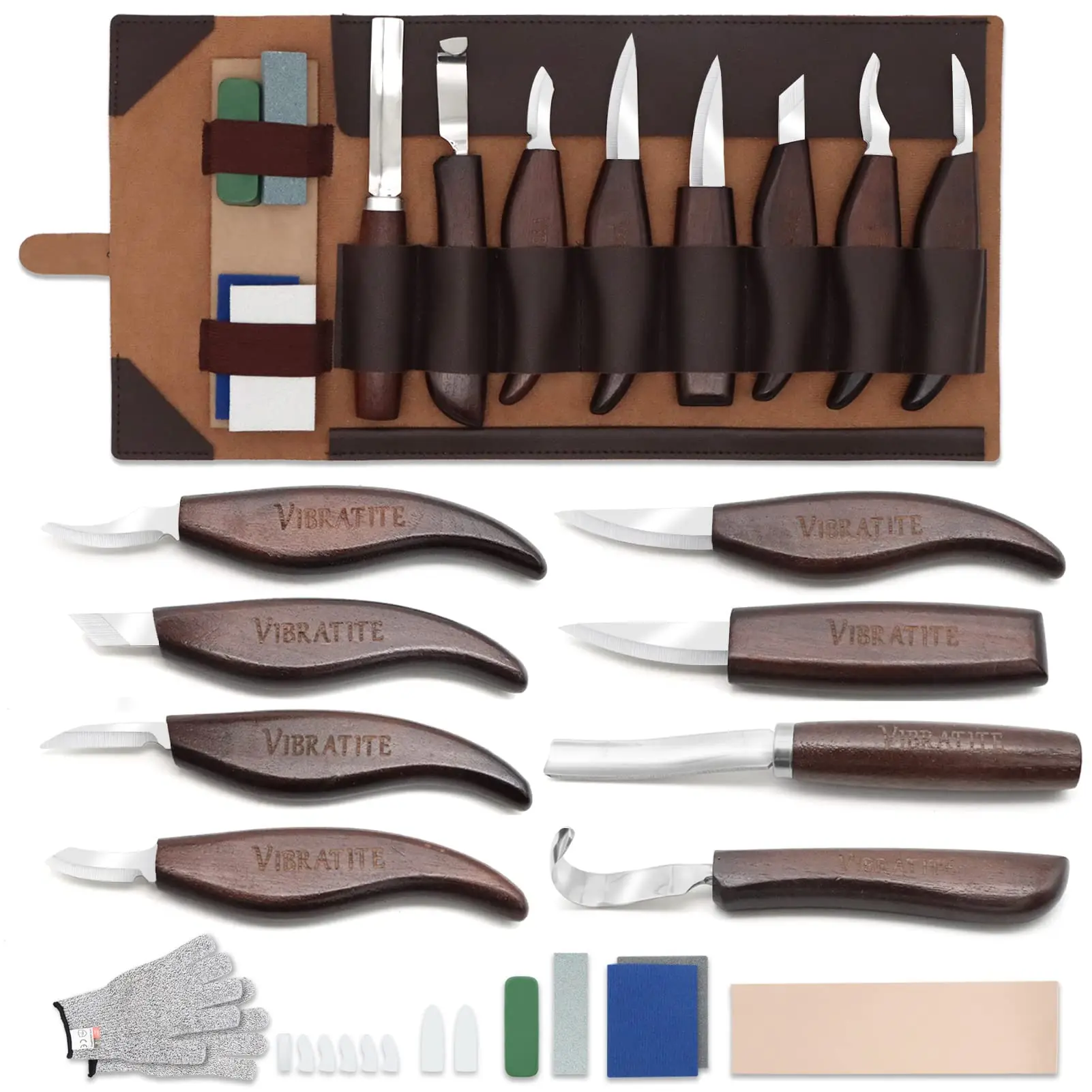 15Pcs VIBRATITE Deluxe Wood Carving Knife Kit with Carving Detail Knife Wood Carving Tools for Beginner and Carpenter Experts