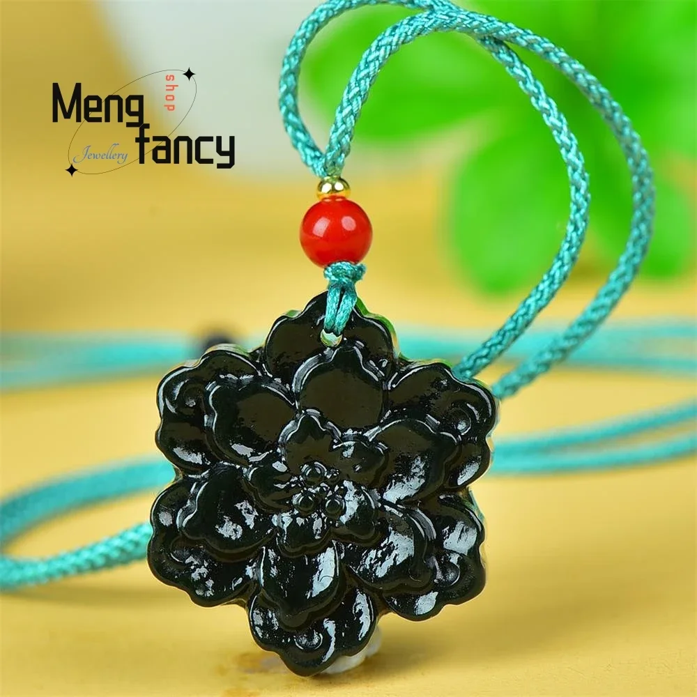 Natürliche Hetian Grüne Jade Retro Auspicious Blume Anhänger Exquisite Maskottchen Handwerk Hochwertige Luxus Elegante Mode Schmuck