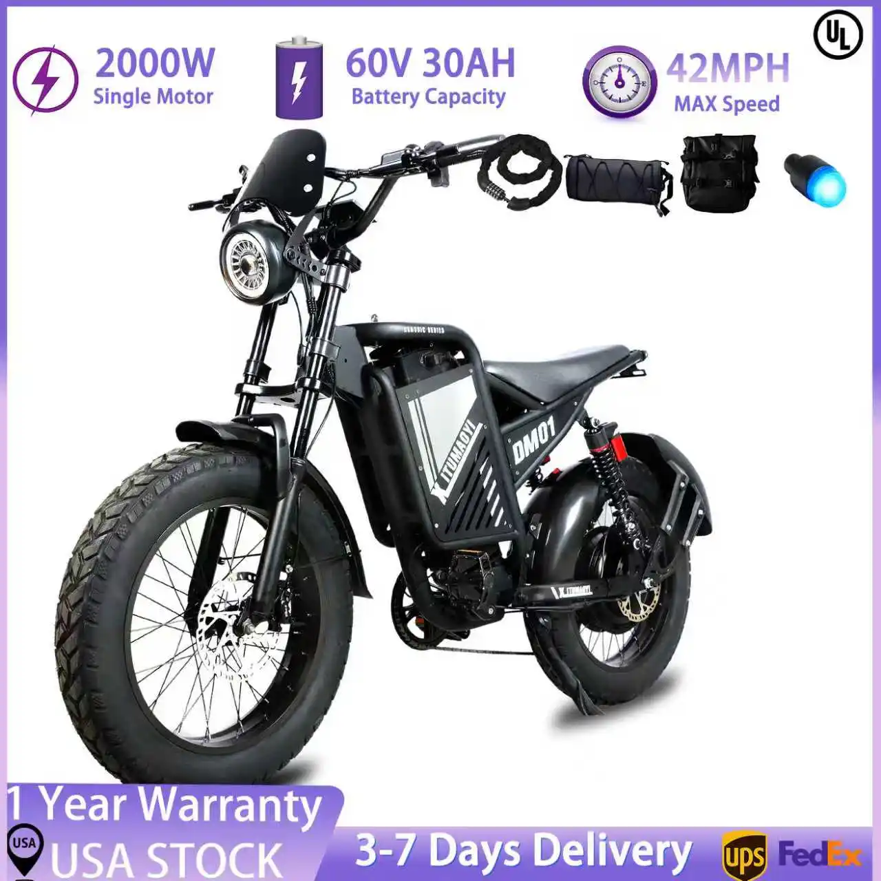 【1 año de garantía】BAOLUJIE DM01 motocicleta eléctrica 2000W Moto bicicleta eléctrica 60V30AH batería pantalla a Color 42 MPH EBike UL2849