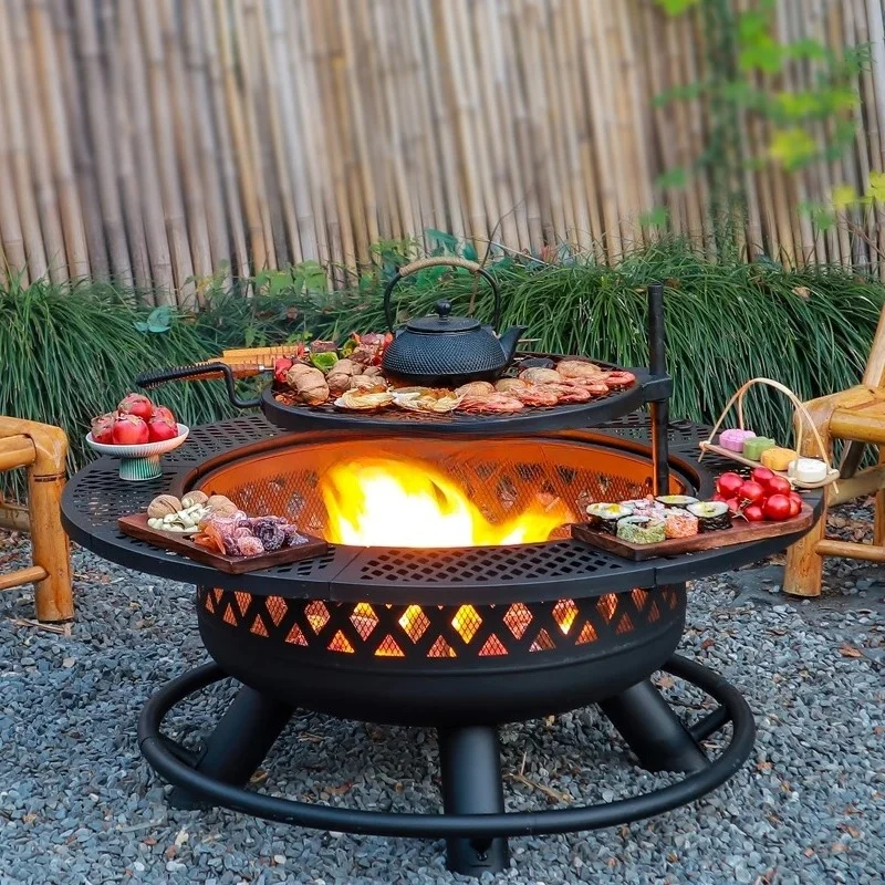 36 Inch Round Outdoor Black Charcoal Grill Stainless  Steel  Fire  Pit  BBQ  Garden  Backyard  Smokeless  Heat  Resistant  Grate