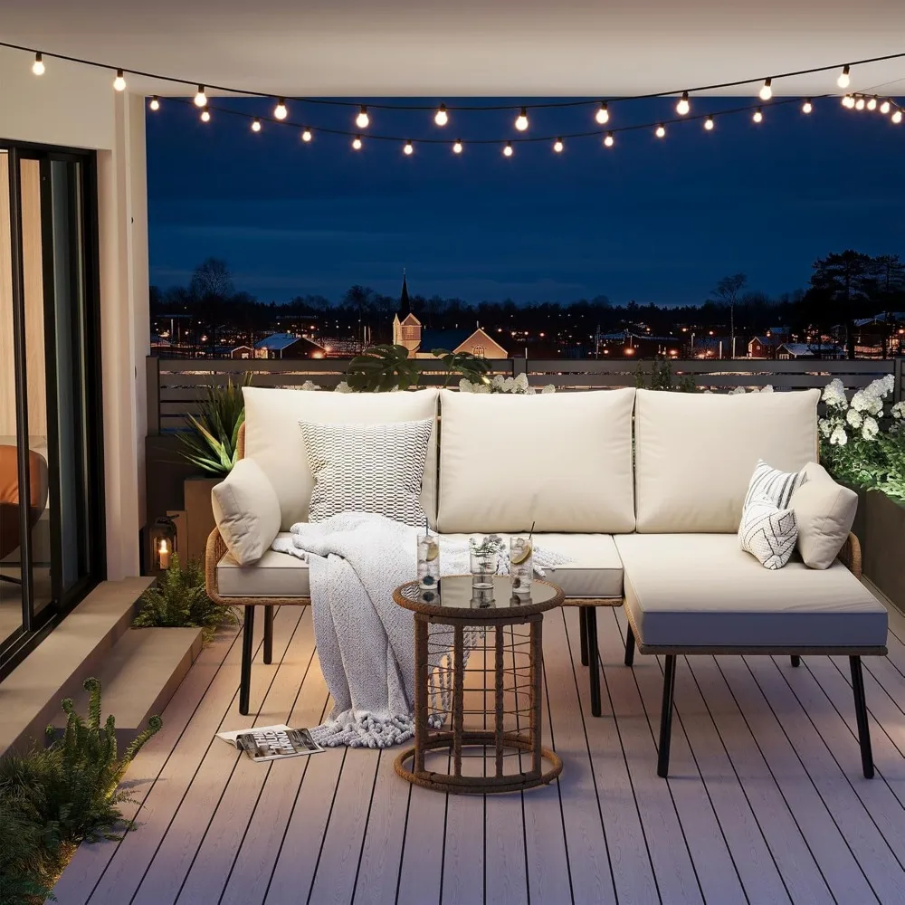 

3-Piece Outdoor L-Shaped Sectional Sofa Set with Cushions, Durable PE Wicker and Steel Frame, Accommodates 4-5 People