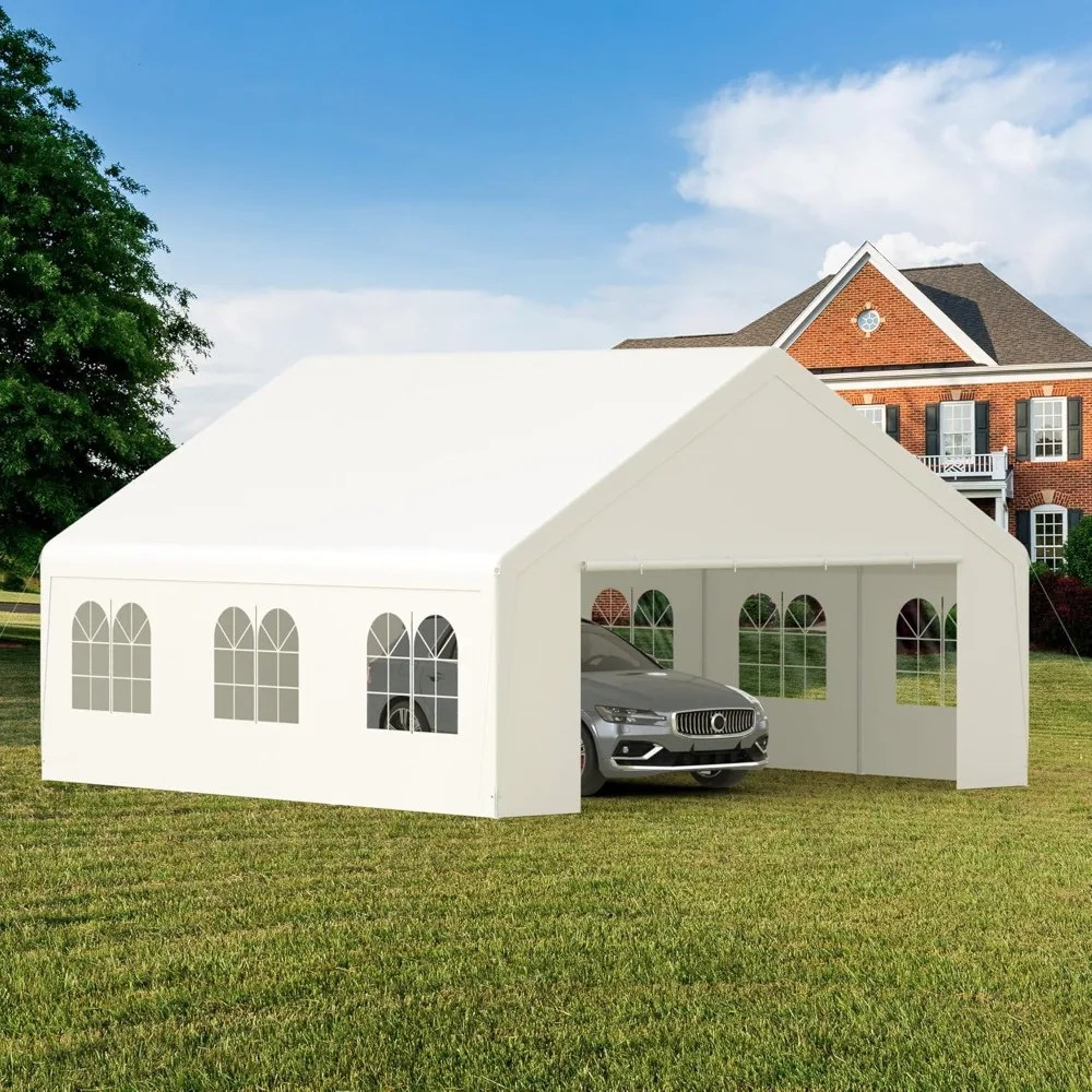 

20' x 20' Heavy Duty Carport with Roll-up Visual Windows, Reinforced Party Tent with Removable Sidewalls & Doors for Parties, W