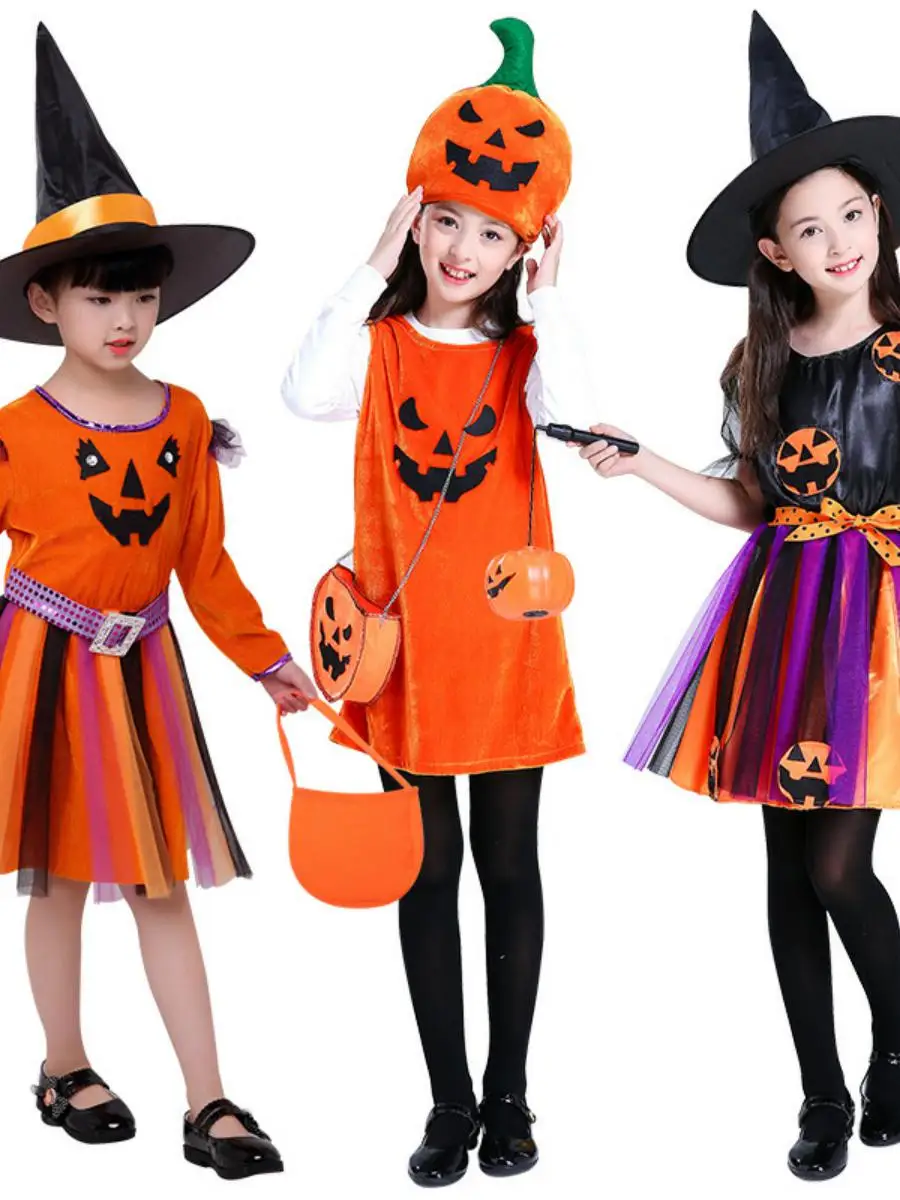 로우인 어린이 공연 의상 소녀 마녀 복장 호박 디자인 귀여운 요정 테마 파티 유치원용