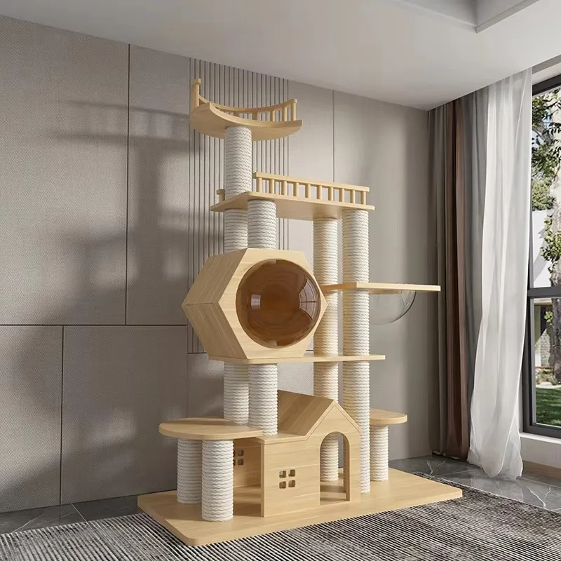 Pure natural wood and sisal cat tree, modern style cat tower, suitable for adult big cats, from luxury suppliers