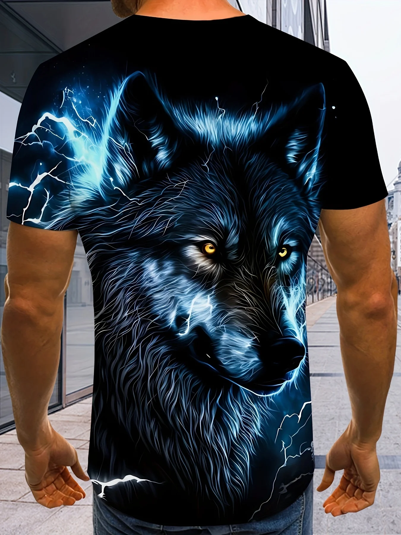 2026 Hot Selling Fashion Blue Texture Wolf Pattern Scene 3D Printing O-neck Short Sleeved Harajuku Men's and Women's T-shirt