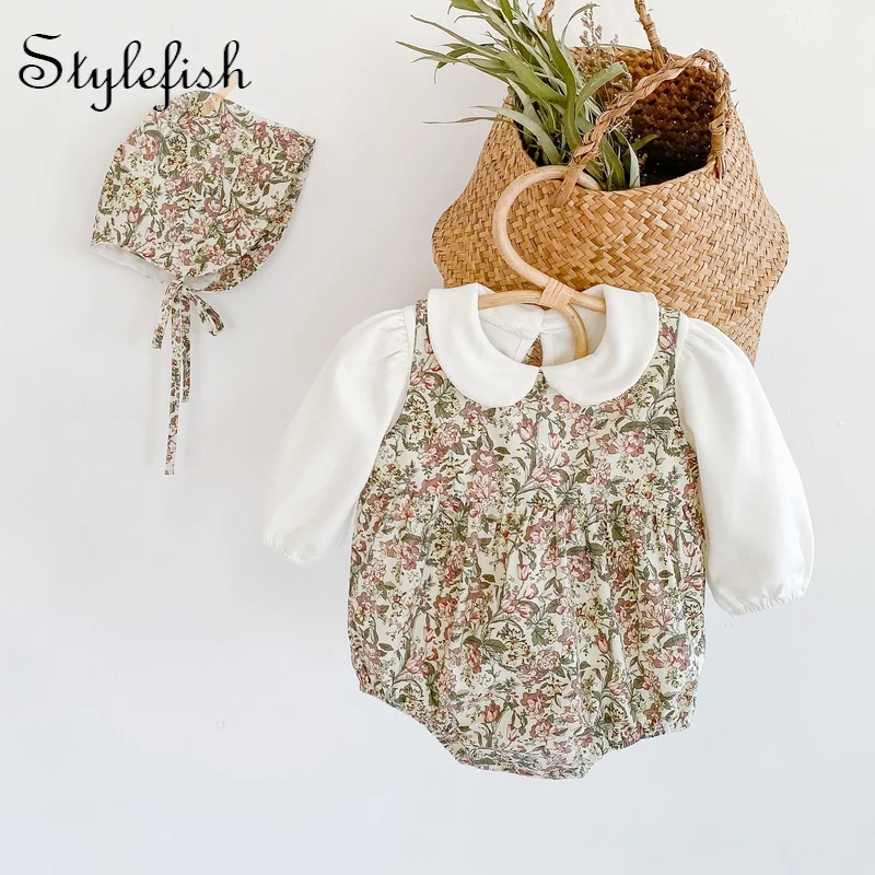 

ins autumn baby jumpsuit female baby floral cotton sleeveless triangle sweater climbing suit + bottoming suit two-piece set