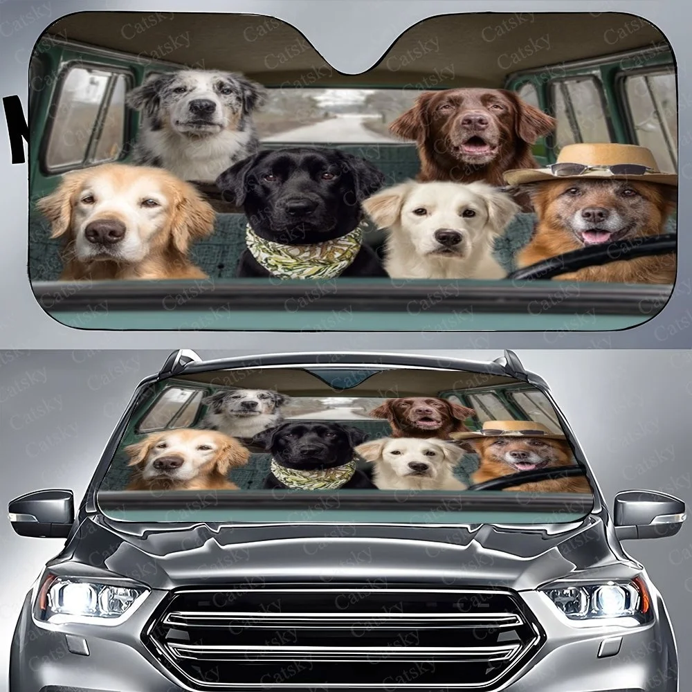 Adorable Car Sunshade Featuring Six Dogs In A Van, Perfect For Pet Lovers. Fits Most Vehicles, Enhancing Interior Decor With A F