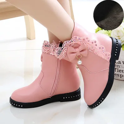 Girls Princess Boots Kids Ankle Boots Lace with Bow-knot Sweet Warm Cotton Children Rubber Boots Fur Lining Snow Boots Shoes New