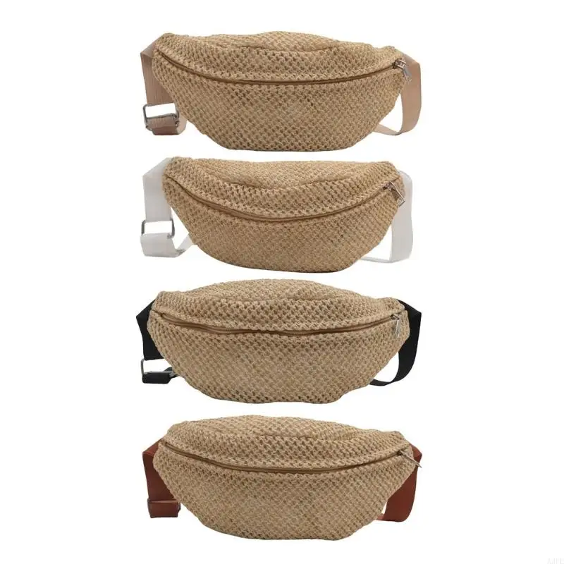 A3PE Multifunctional Beach Waist Bag Zippered Woven Straw Fanny Pack Crossbody Bag