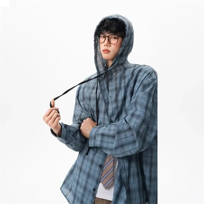 

2025American Plaid Long Sleeve Hooded Shirt Men's Women's Summer Lazy Style Sun Protection Couple Outerwear Casual Shirt