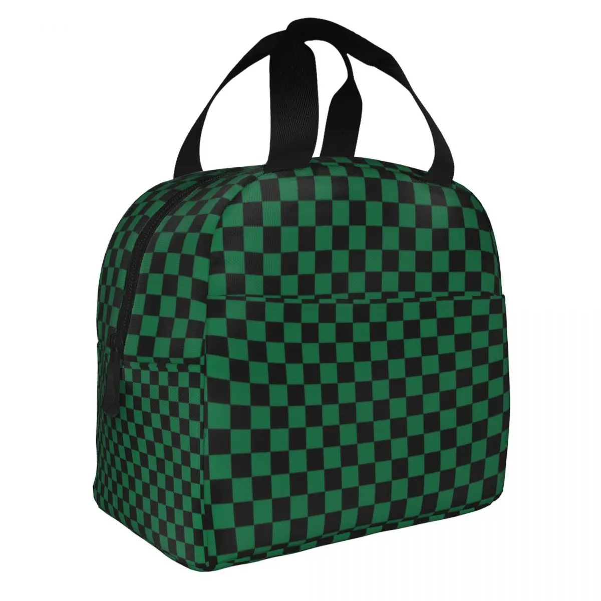 Black And Cadmium Green Checkerboard Plaid Insulated Lunch Bag for School Office Leakproof Cooler Thermal Lunch Box