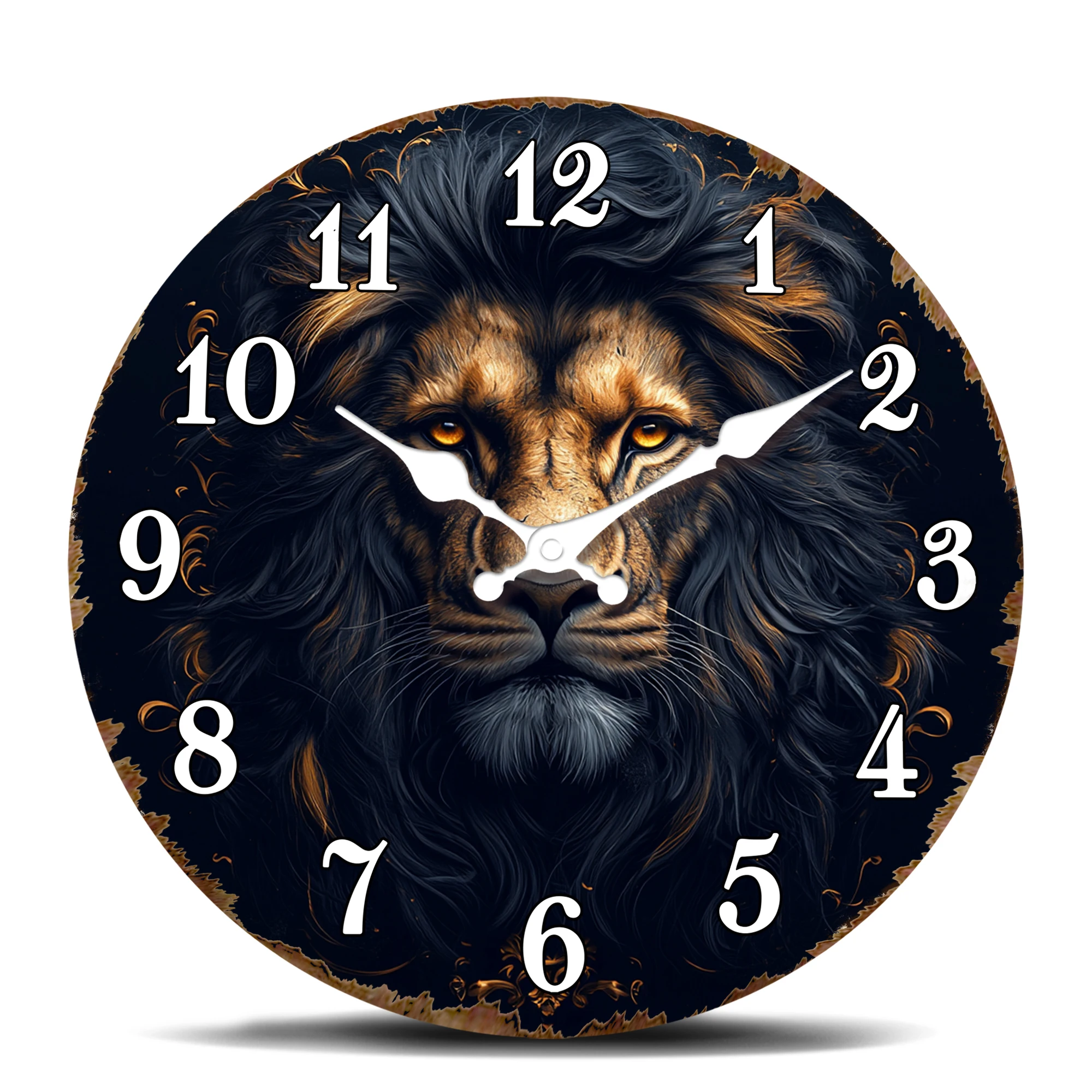 Majestätischer Löwe mit feurigem goldenem Mähnen, runde Wanduhr, Wildtierporträt, dekorative stille Quarzuhr für Männerhöhlen-Dekoration