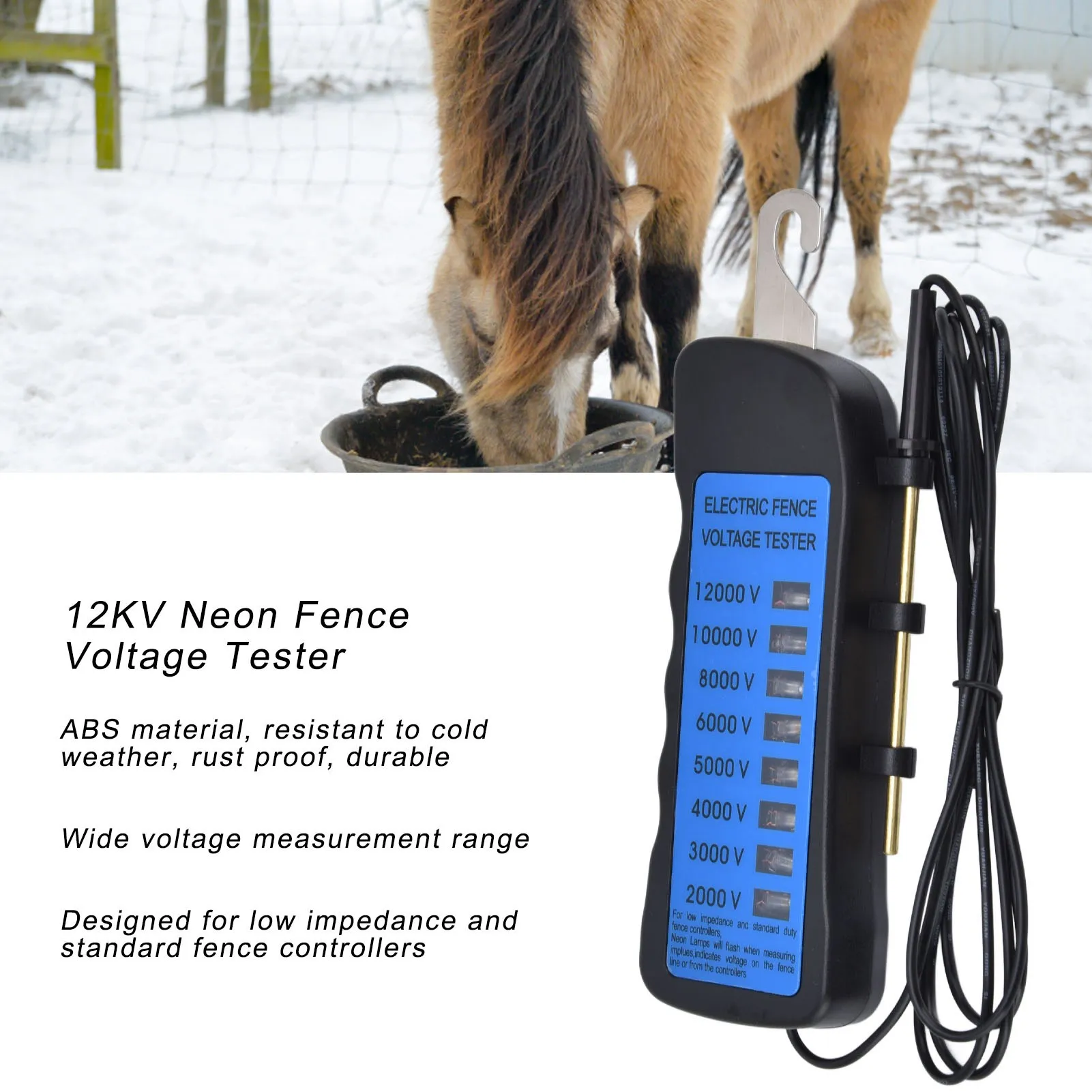 12KV Fence Voltage Tester 2000V to 12000V Voltage Testing Range 8 Neon Indicator Lights Waterproof Fence Tester for Farms