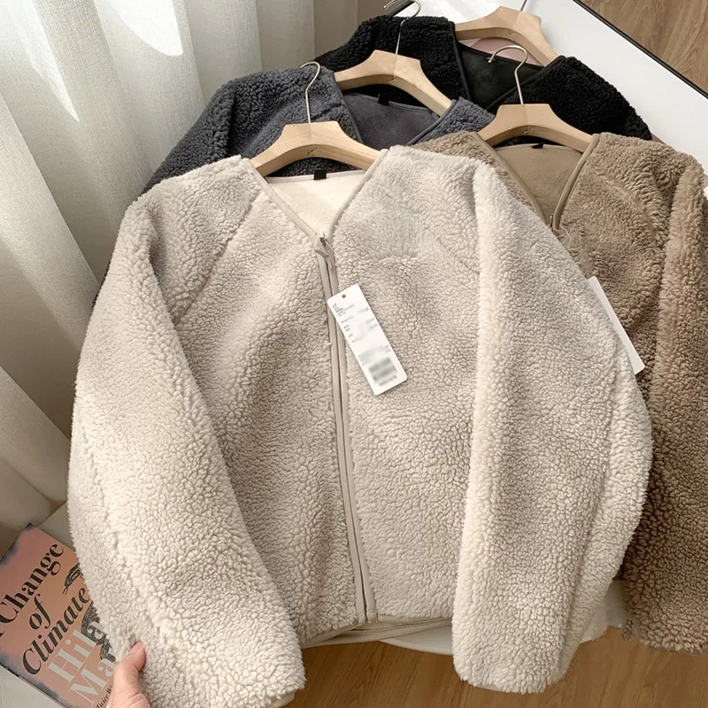 Lamb Fur Women Coats Autumn Winter Solid Thick Warm V-Neck Long-Sleeved Casual All Match Female Outwear Jackets