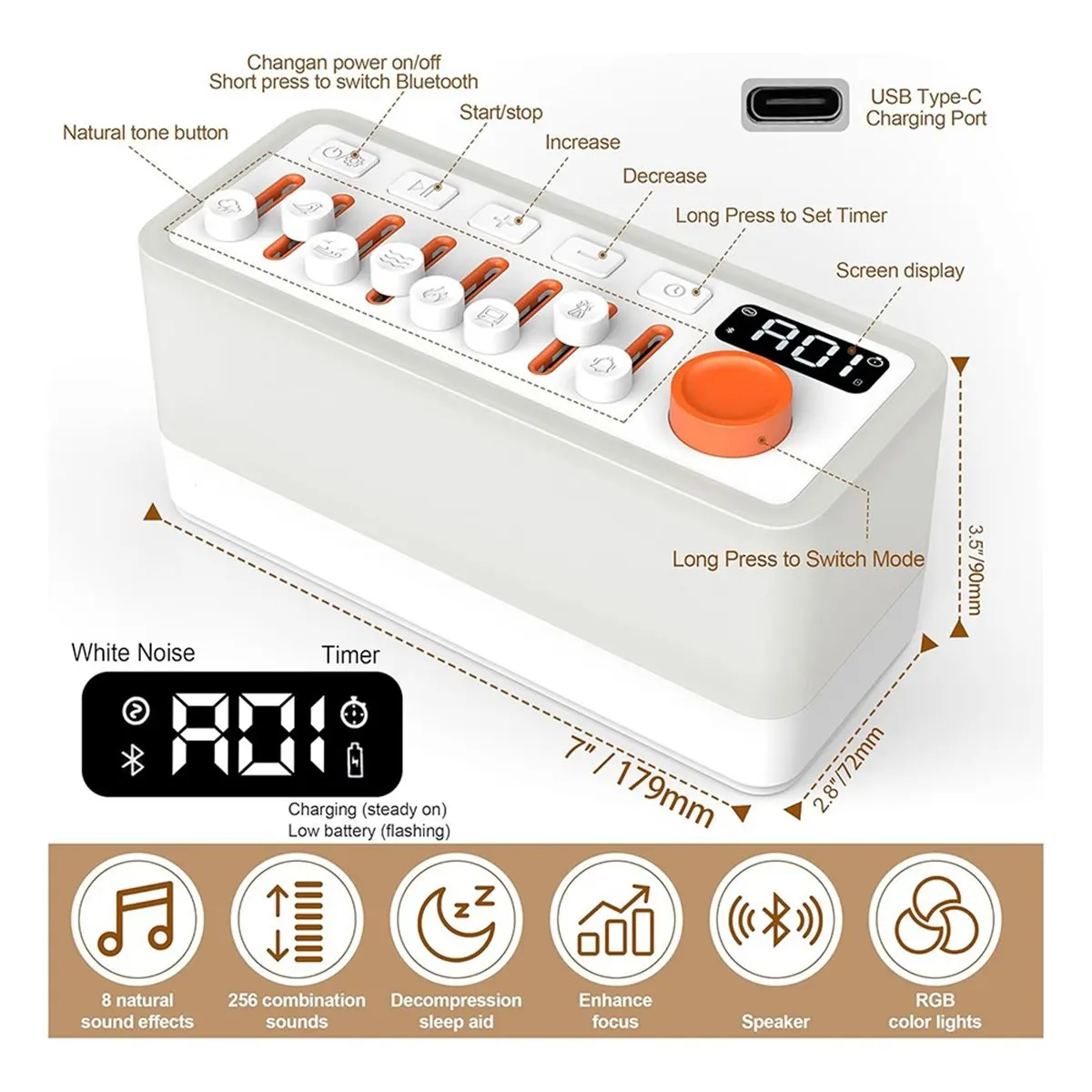 

A75K White Noise Sleep Sound Machine with 8 , Portable Bluetooth Speaker, 12 Colors Night Lights