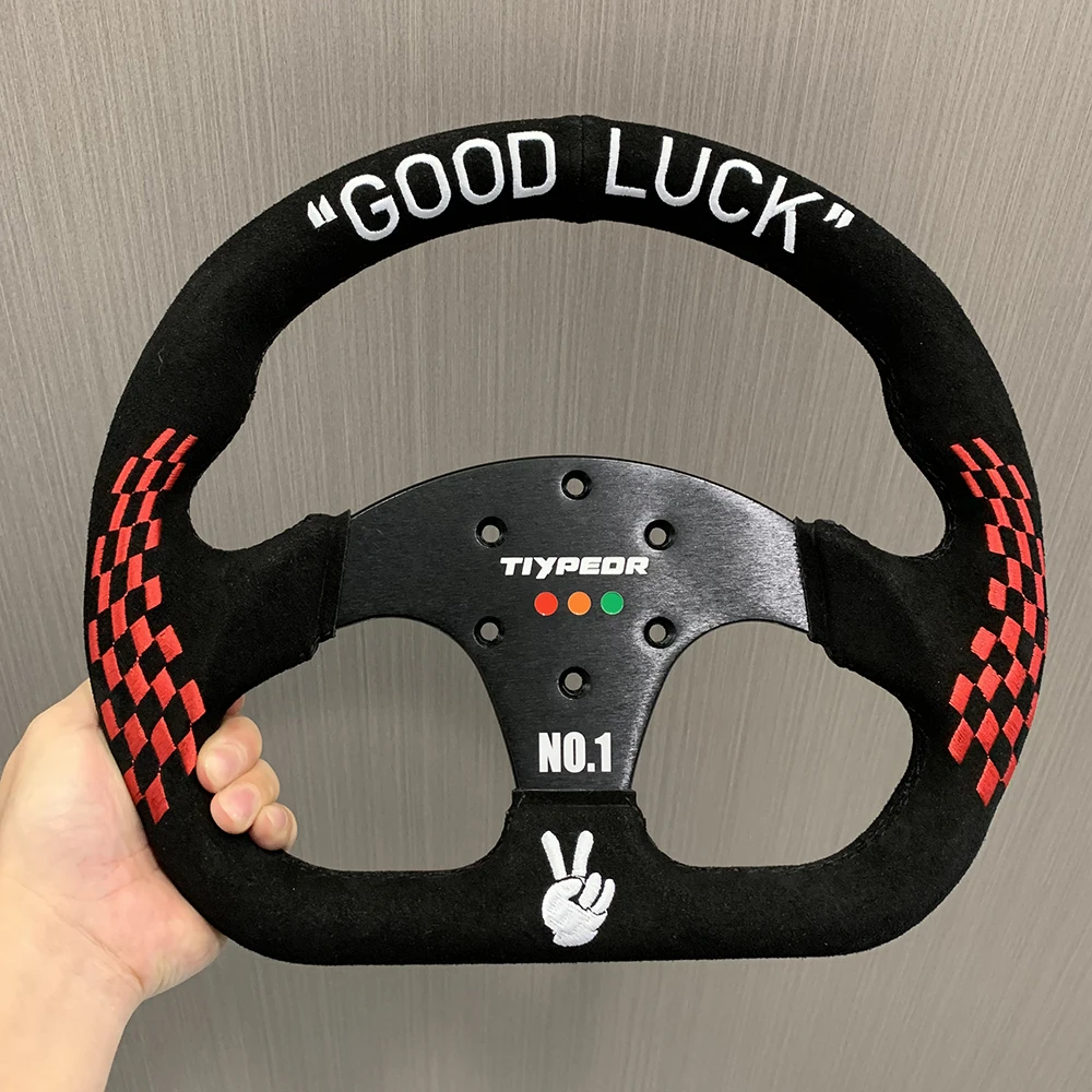 TIYPEOR 320mm Embroidery GOOD LUCK Spacing Type D Steering Wheel Suede Flat Game Simulator Steering Wheel