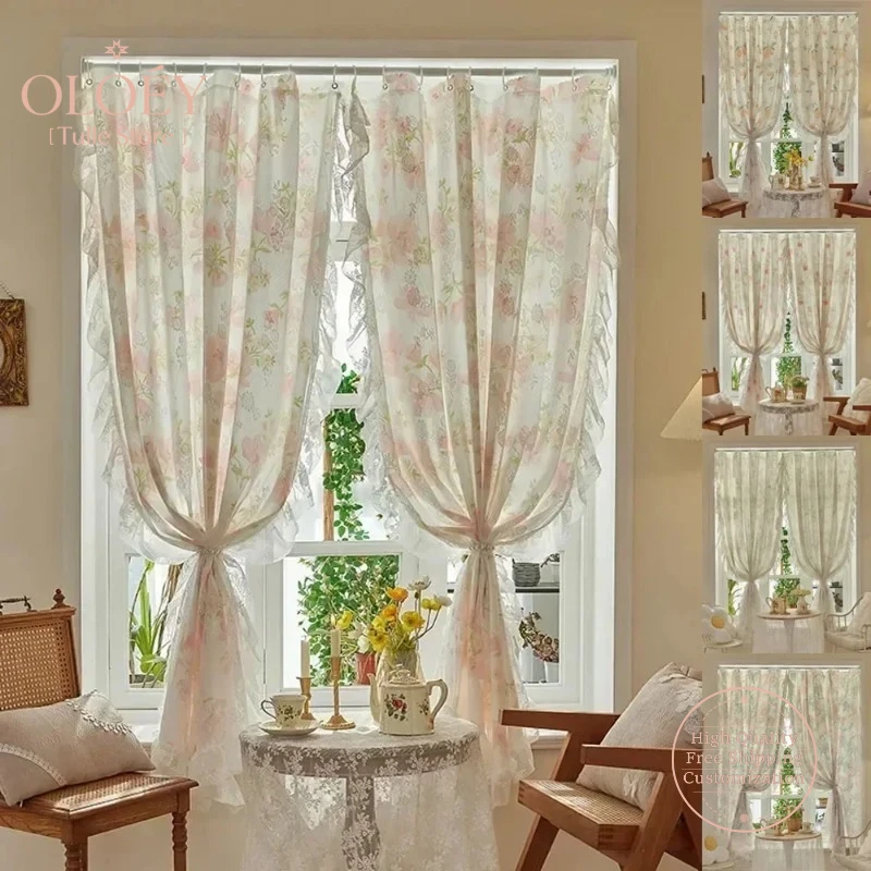 

Lace Flower Sheer Curtain for French Window Living Room Luxury Tulle Rod Pocket Cabinet Decorative Home Decor Romantic Drapes