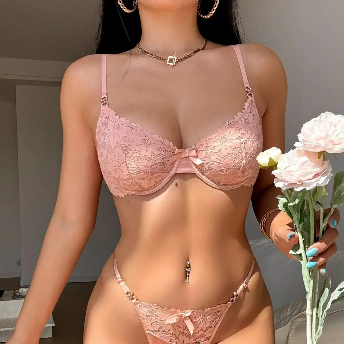 Sexy Ultra-thin Lace Lingerie Set French Style Anti Sagging Hollow Out Bra & Brief Set Women Daily Life Solid Underwear Everyday