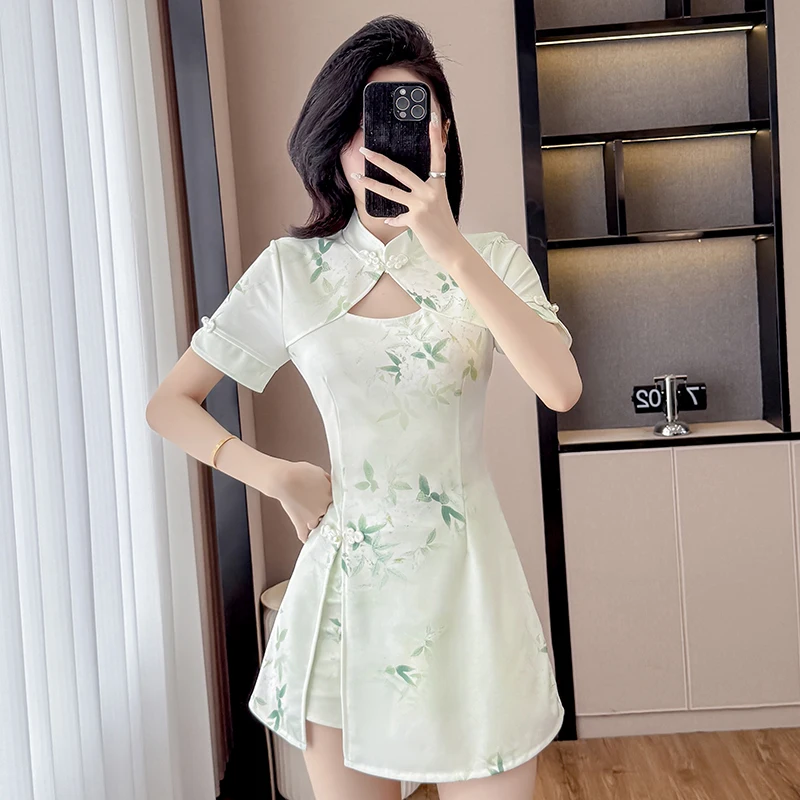 2026 New Chinese Style Floral Hollow Out Cheongsam Dress+Shorts 2 Piece Set Women Side Split Frog Buttons Summer Outfit