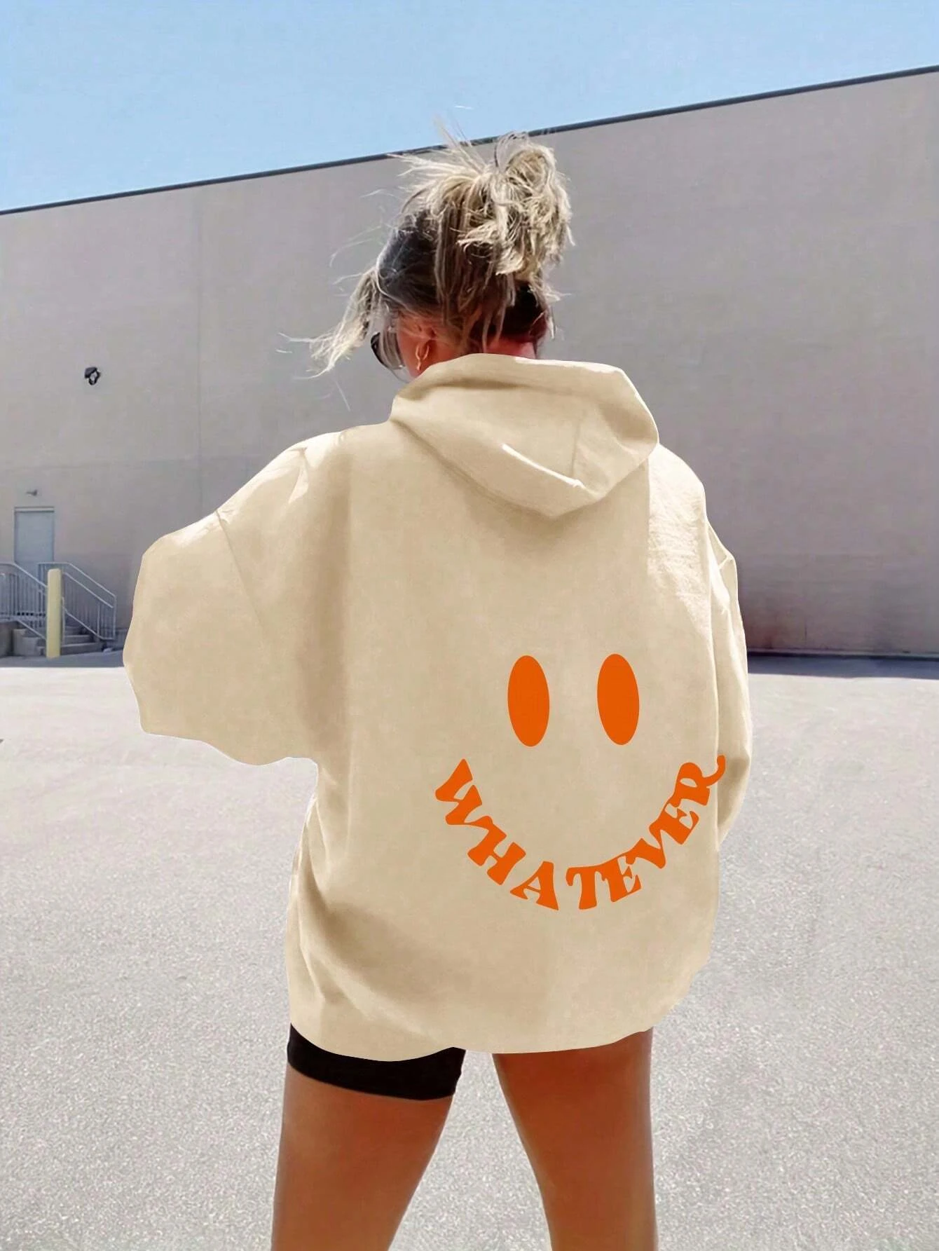 WHATEVER Smiley Women's Cotton Hoodie Printed On The Back Fashion High Street Women's Loose Hooded Sportswear Oversized Clothing