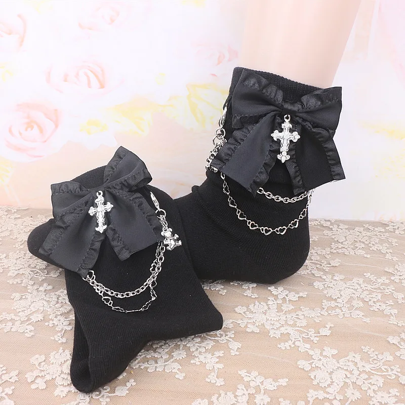 Gothic Dark Black Bow Socks Punk Bow with Beads Chains Mid-Calf Socks Larme Kei Cotton Lace Socks for Y2K GirlWomen