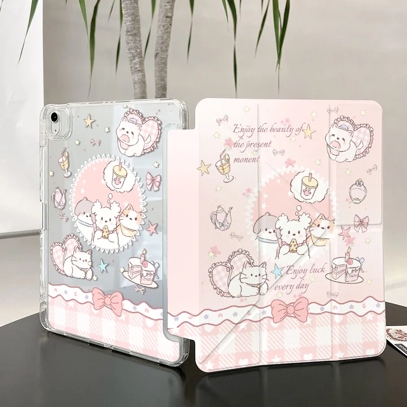 Korean Pink Tender Cat Puppy Bow For iPad Pro Air 13 11 M5 M4 M3 M2 2 1 11th A16 12.9
