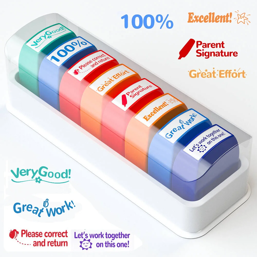 8-Piece Color Teacher's Review Seal Automatic inking stamps for classroom Teacher Fun Personalized teacher stamps