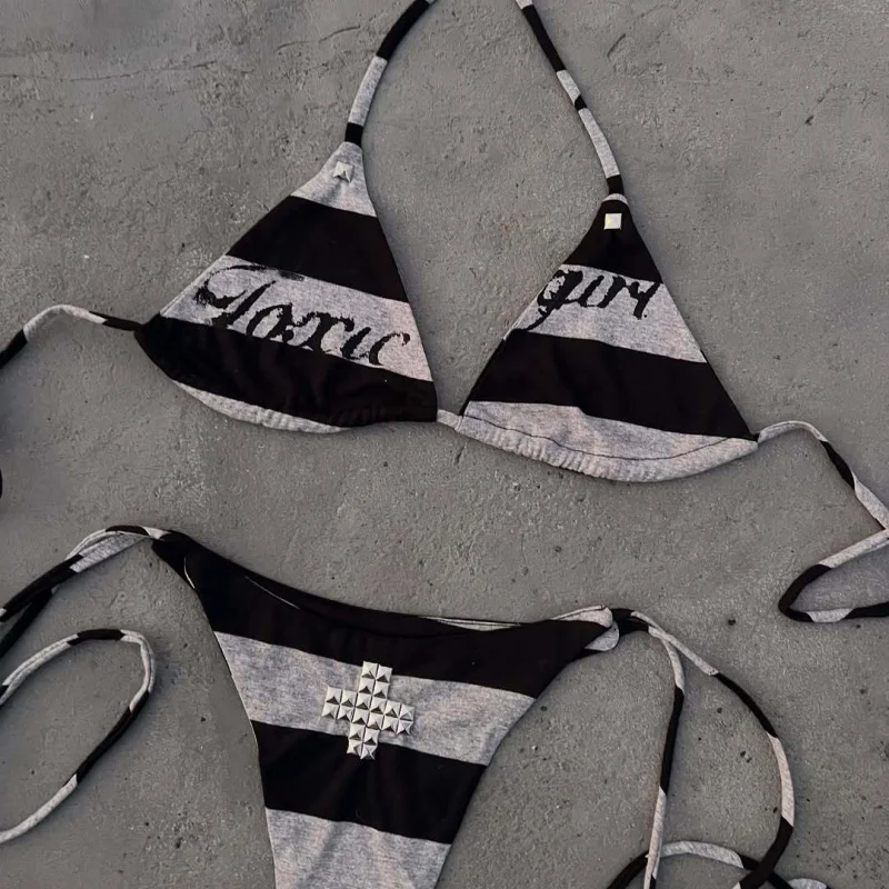 

Women Fashion High Street Color Block Printed Hot Stamping Sexy Spicy Girl Style Beach Party Bikini Set