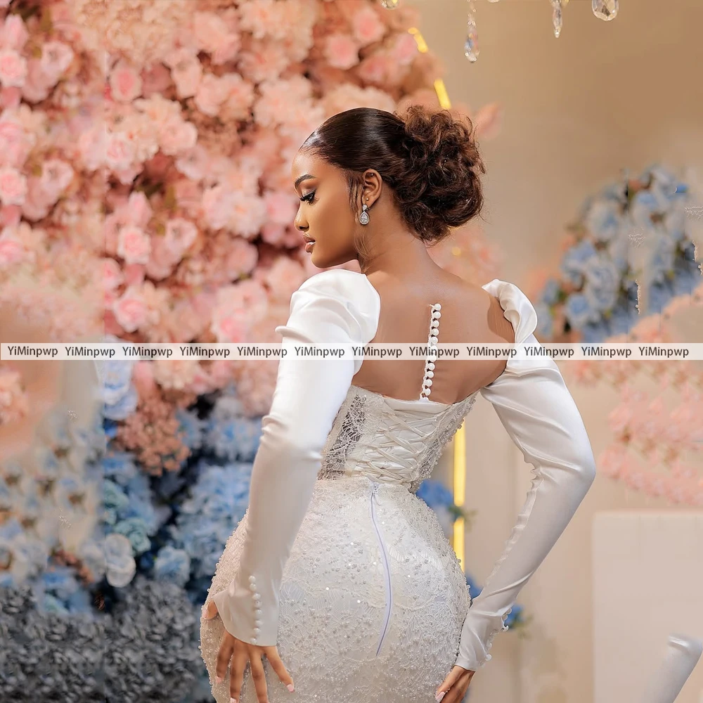 فساتين زفاف فاخرة مخصصة كم طويل أسود بنات مطرز حورية البحر الساتان الحبيب مثير العروس رداء حفلات مخصص