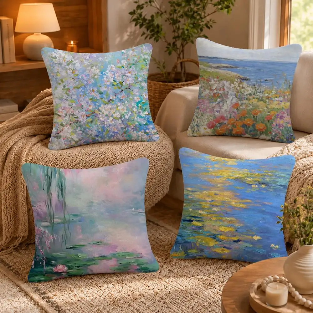 Monet Impressionist Floral Cushion Cover Short-Plush Cushion Cover Pillowcase — Suitable for Sofas Bedrooms and Home Decor