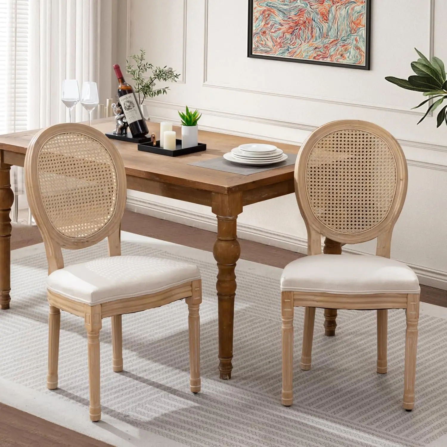 Beige French Dining Chairs with Round Back and Wood Legs for Kitchen and Bedroom, Perfect for Farmhouse Country Decor