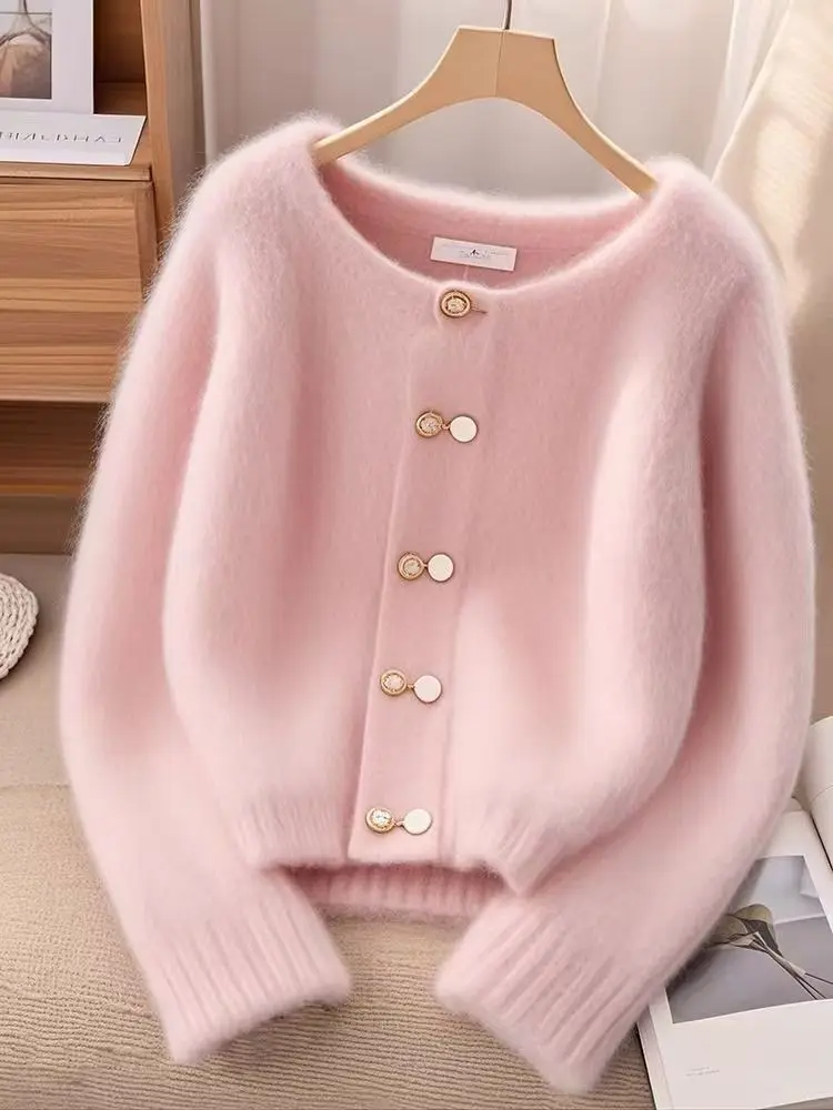 Nowy jesienno-zimowy sweter rozpinany moda damska Casual różowy okrągły dekolt luźna gruba ciepła dzianina sweter damski top damski